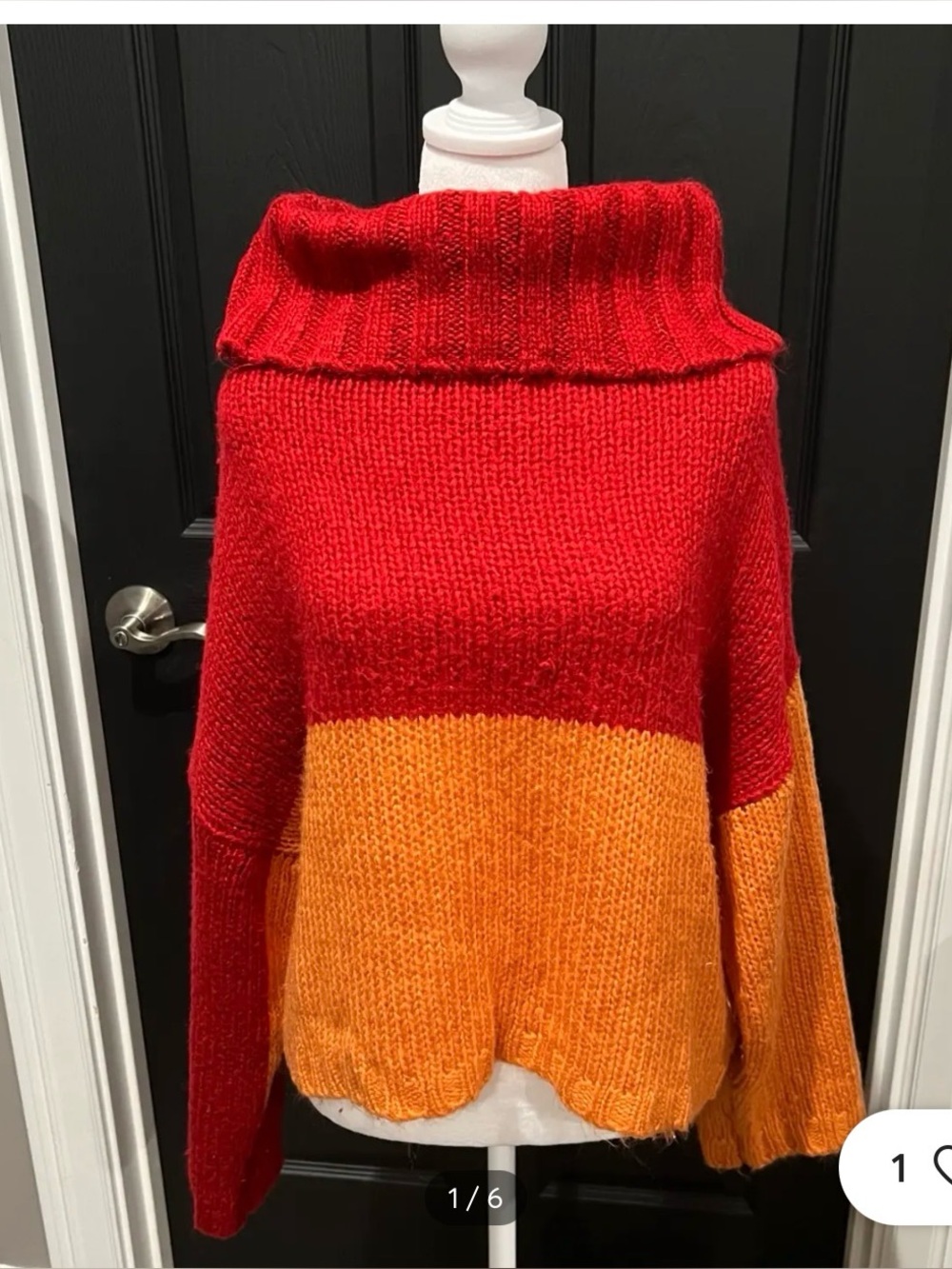 Women's Red Orange Cowl Neck Chunky Sweater